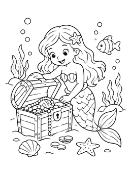A cheerful mermaid coloring page featuring an open treasure chest under the sea.
