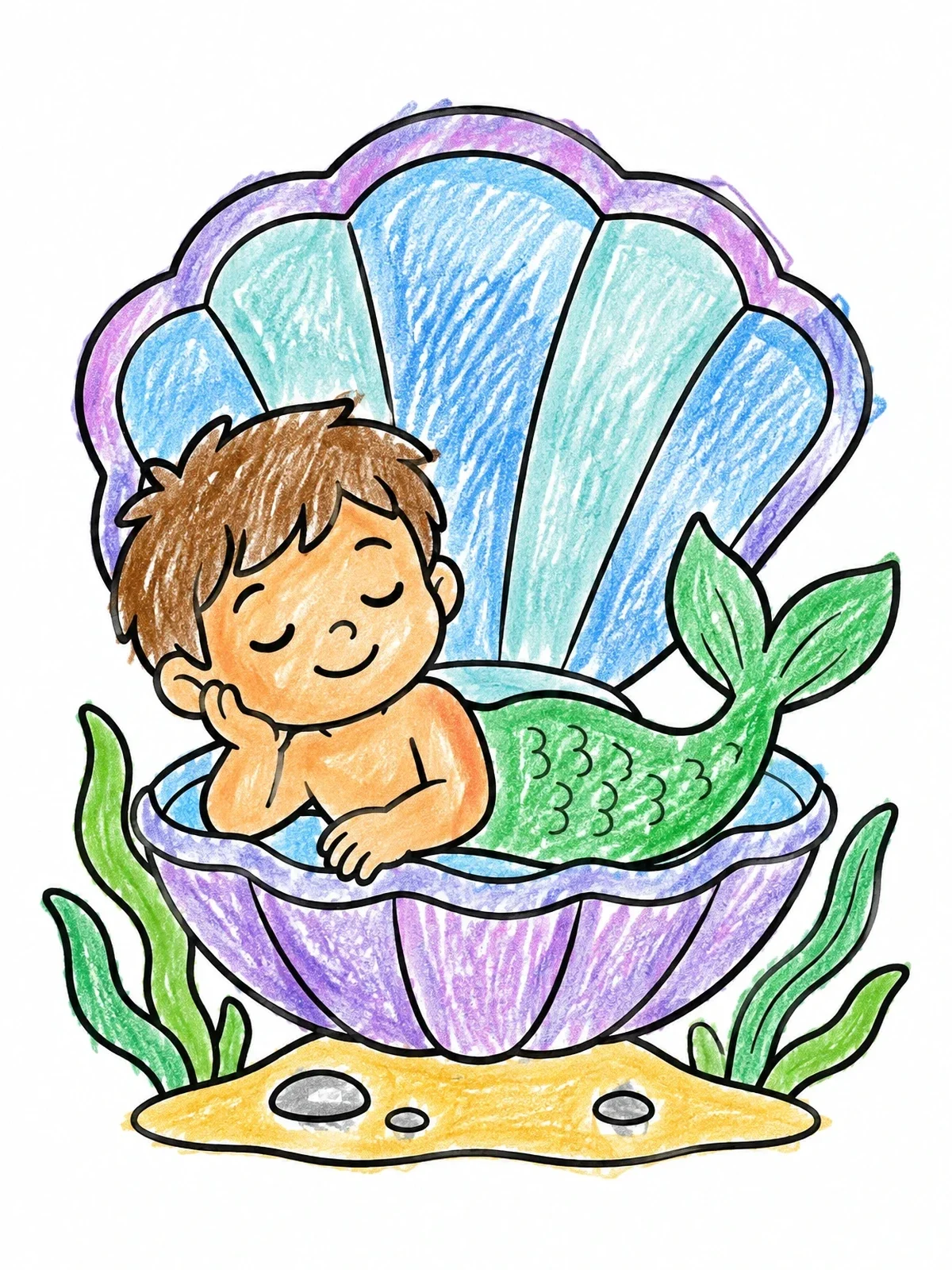 Colored example of the Little Merman Sleeping In Shell coloring page