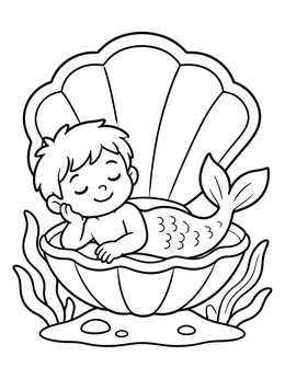 A cute merman coloring page featuring a young merboy resting inside an open seashell.