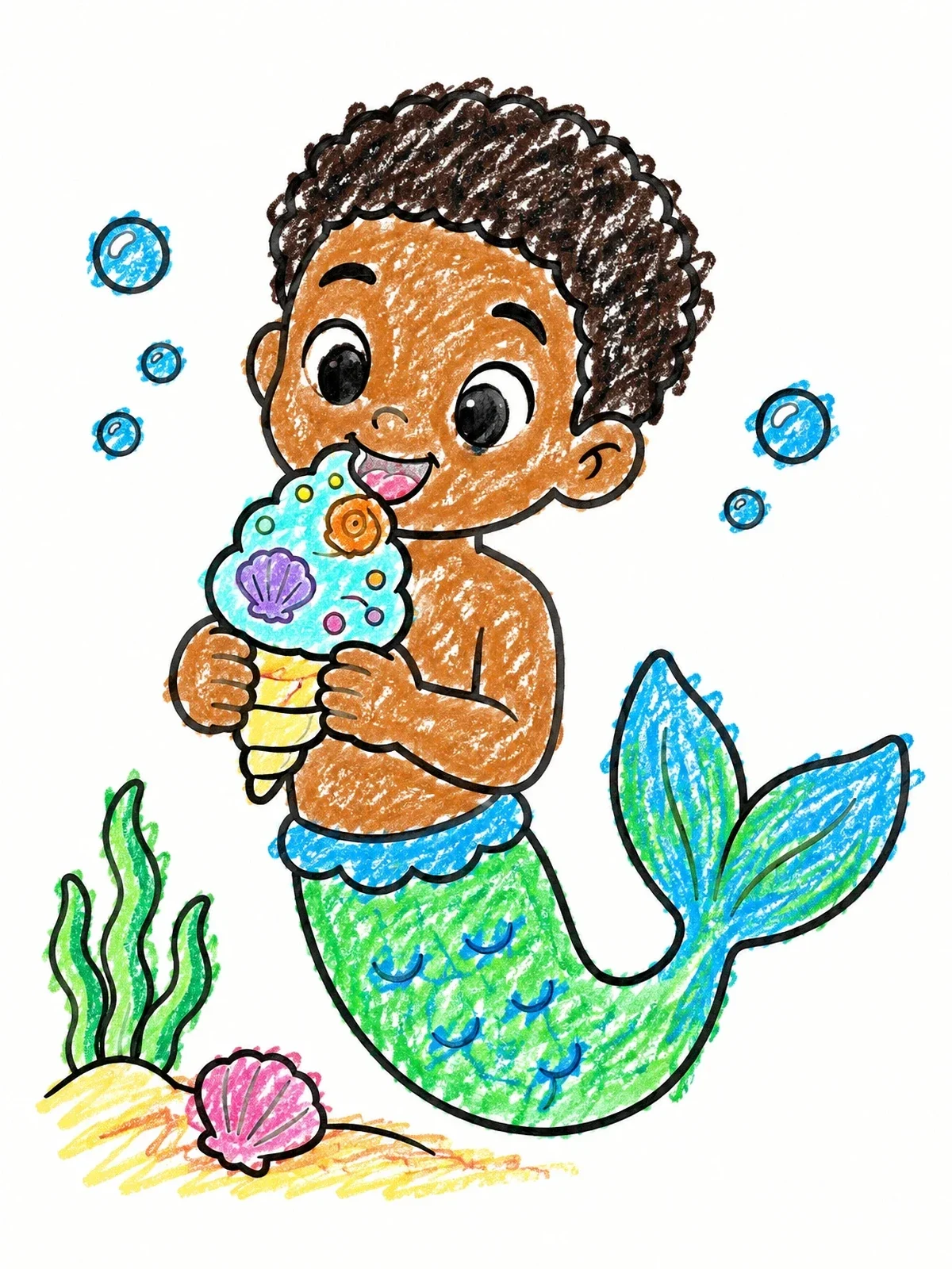 Colored example of the Little Merman With Sweet Treat coloring page