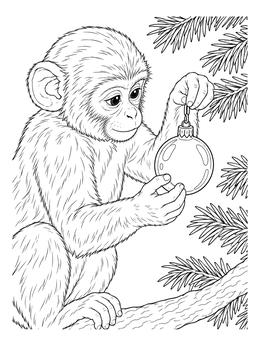 A young monkey holds an ornament in this christmas monkey coloring page.