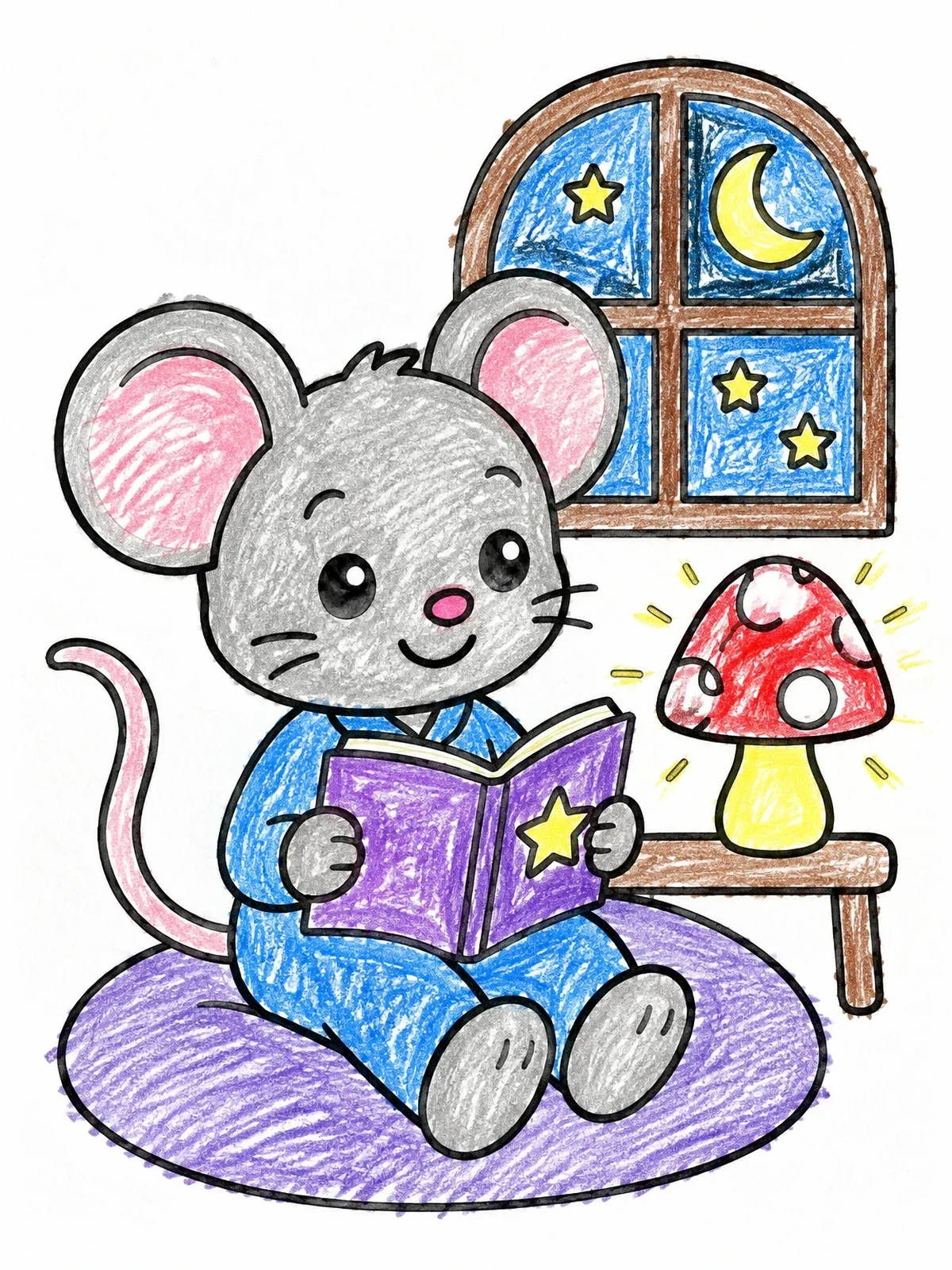 Colored example of the Little Mouse Reading Bedtime Story coloring page