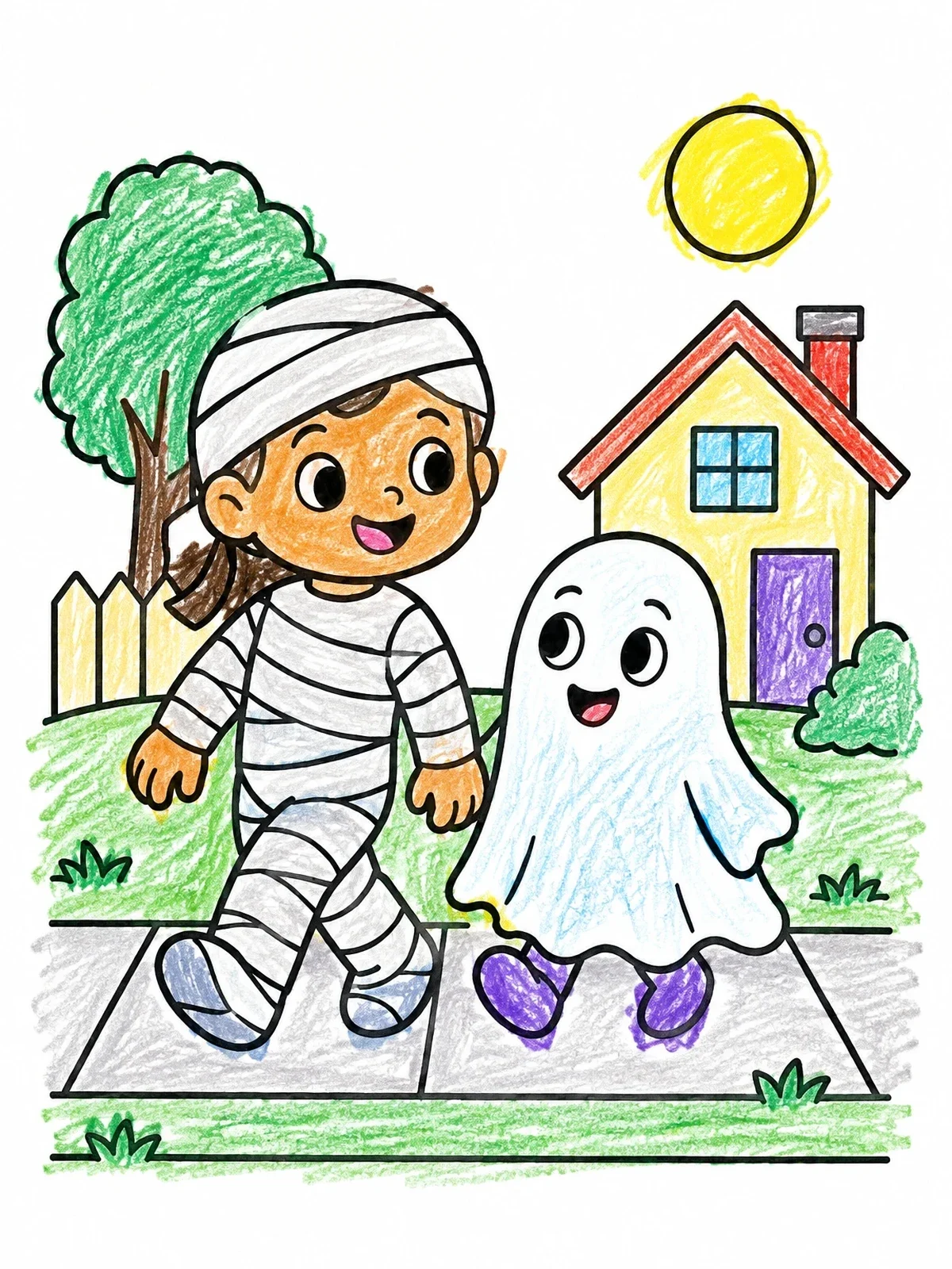 Colored example of the Little Mummy And Ghost Walking Together coloring page