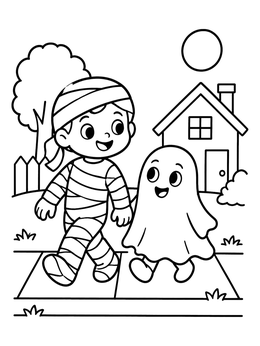 A friendly child dressed as a mummy and a sheet ghost walk together on this mummy coloring page.