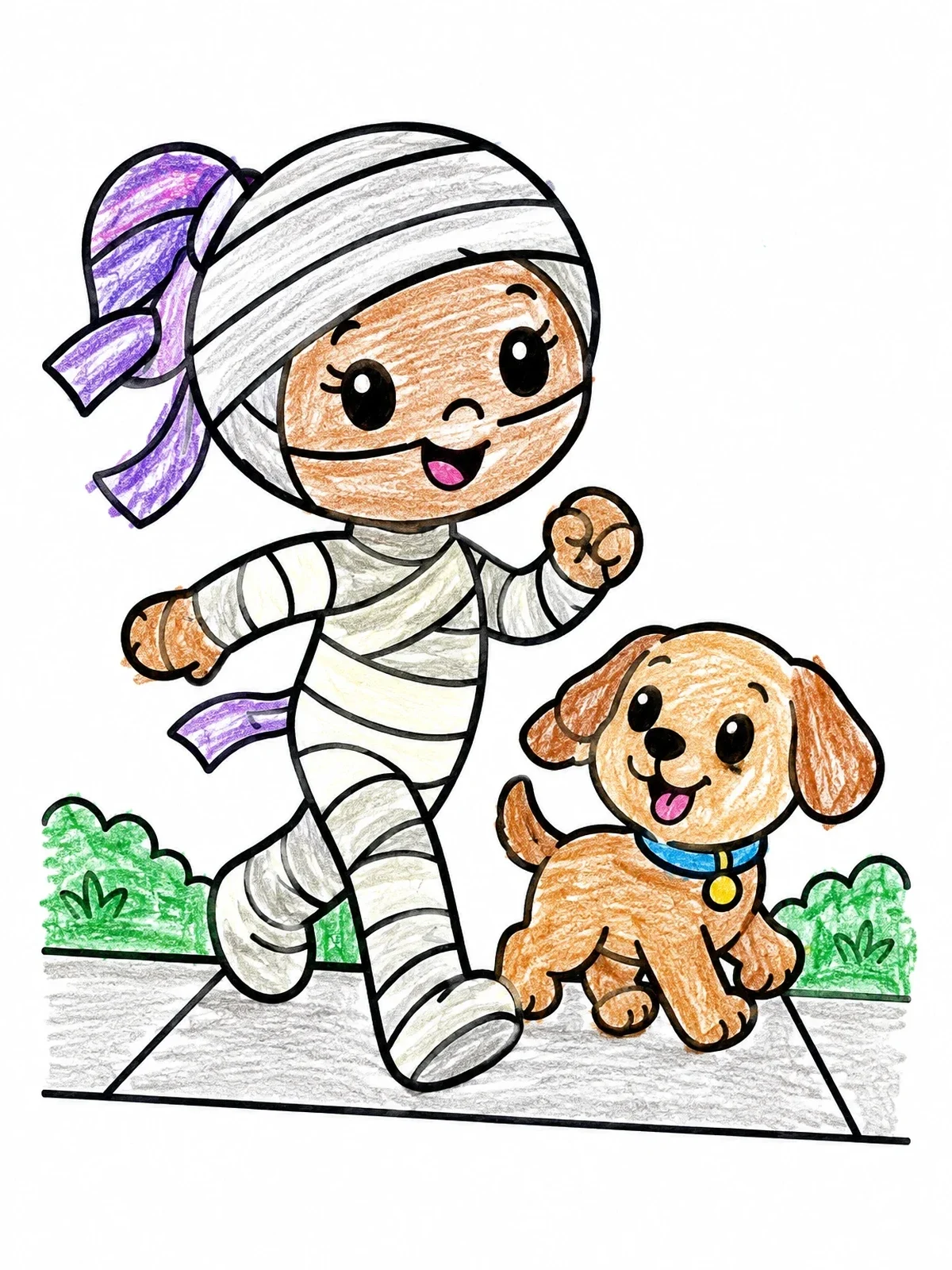 Colored example of the Little Mummy Running With Puppy coloring page