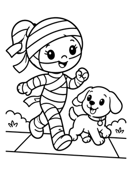 Free printable Little Mummy Running With Puppy coloring page