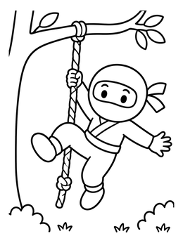Free printable Little Ninja Climbing A Rope coloring page