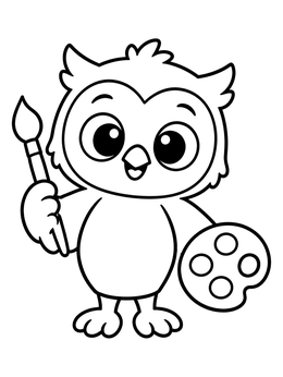 A cute owl coloring page showing a baby owl holding a paintbrush and a paint palette.