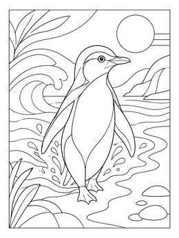 A penguin coloring page depicting a little penguin walking ashore from ocean waves.