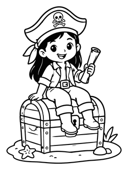 A cheerful girl sitting on a chest holds a map in this pirate coloring page.