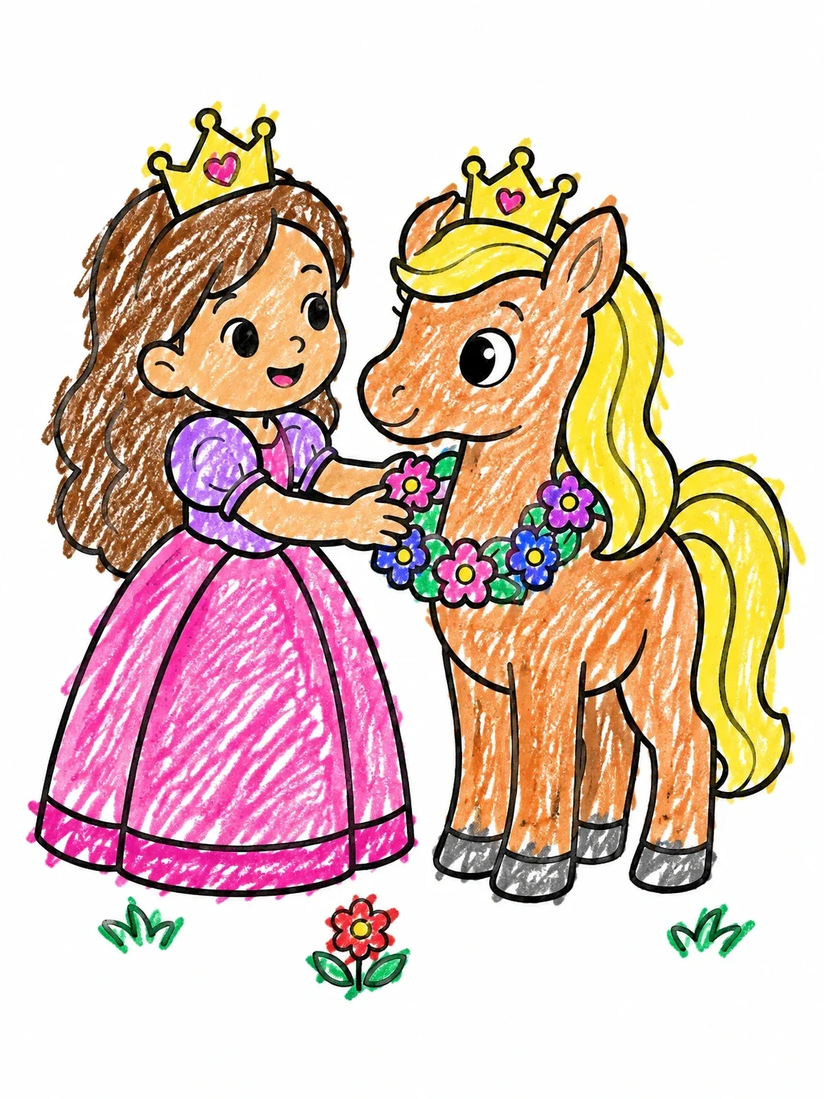 Colored example of the Little Princess With Crowned Pony coloring page
