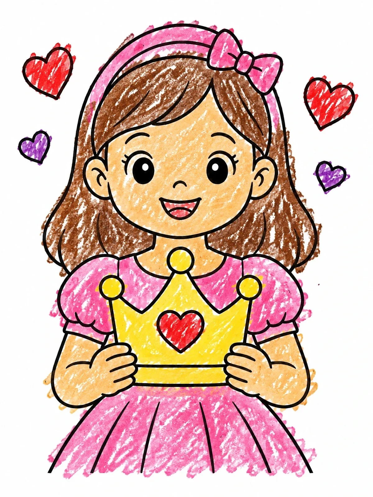 Colored example of the Little Princess Holding A Crown coloring page