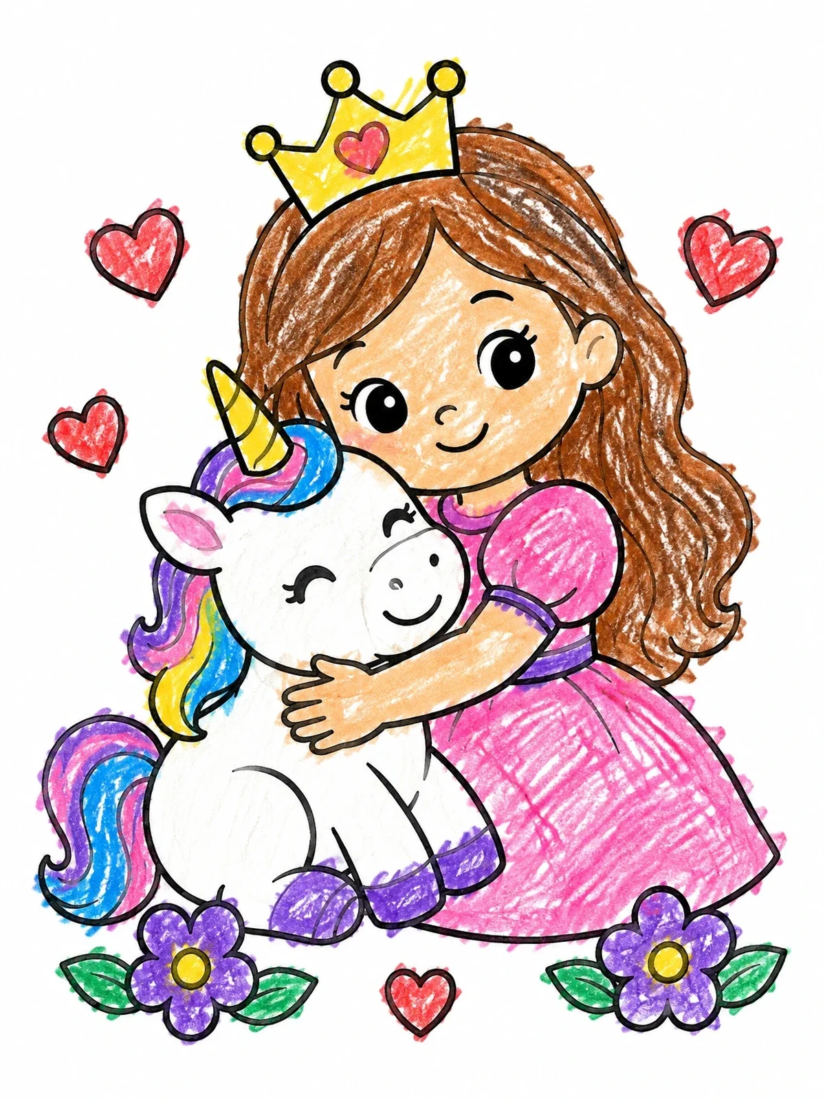 Colored example of the Little Princess Hugging Baby Unicorn coloring page