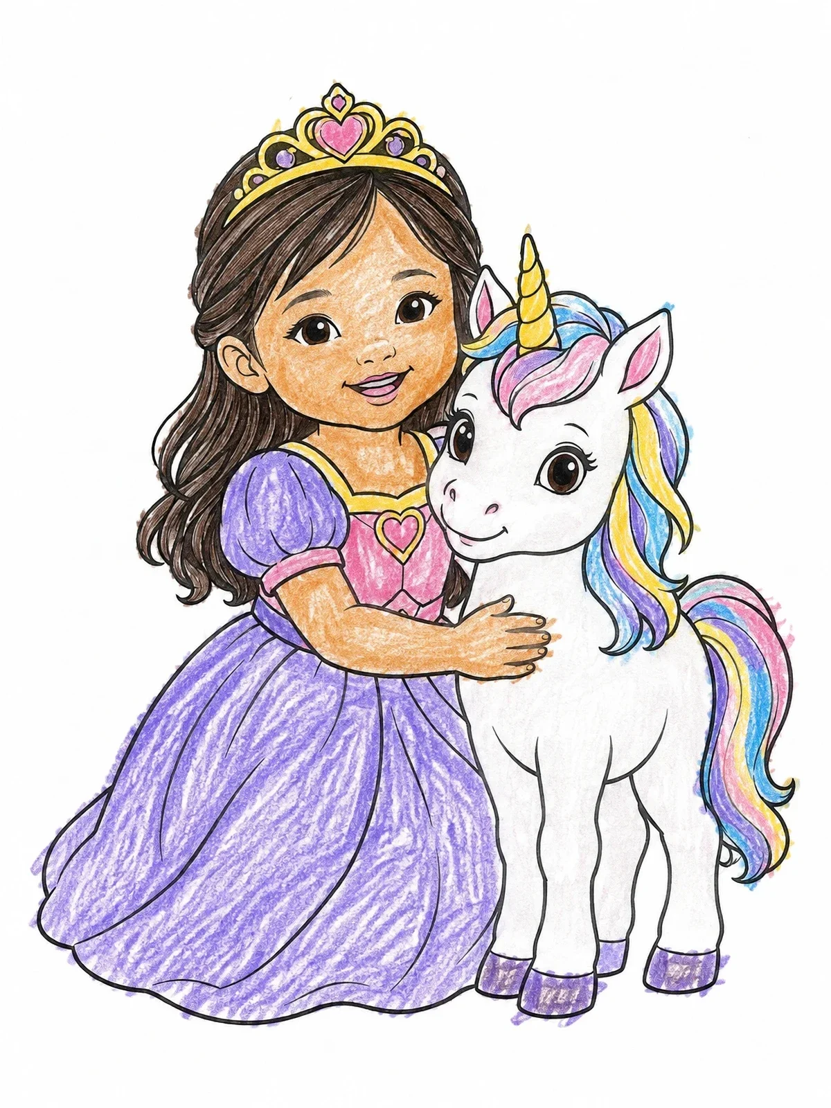 Colored example of the Little Princess Hugging Baby Unicorn coloring page