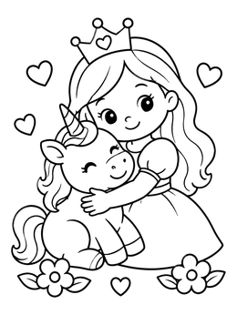 Free printable Little Princess Hugging Baby Unicorn coloring page