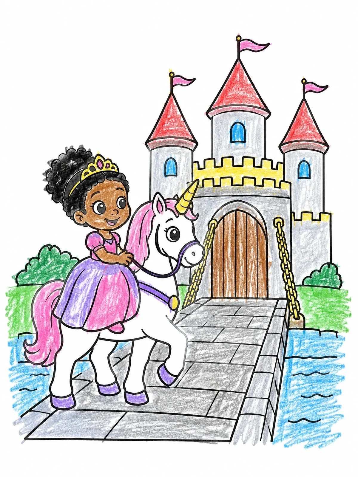 Colored example of the Little Princess Riding Unicorn By Castle coloring page