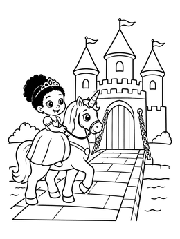 Free printable Little Princess Riding Unicorn By Castle coloring page