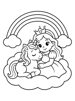 Free printable Little Princess And Unicorn On Cloud coloring page