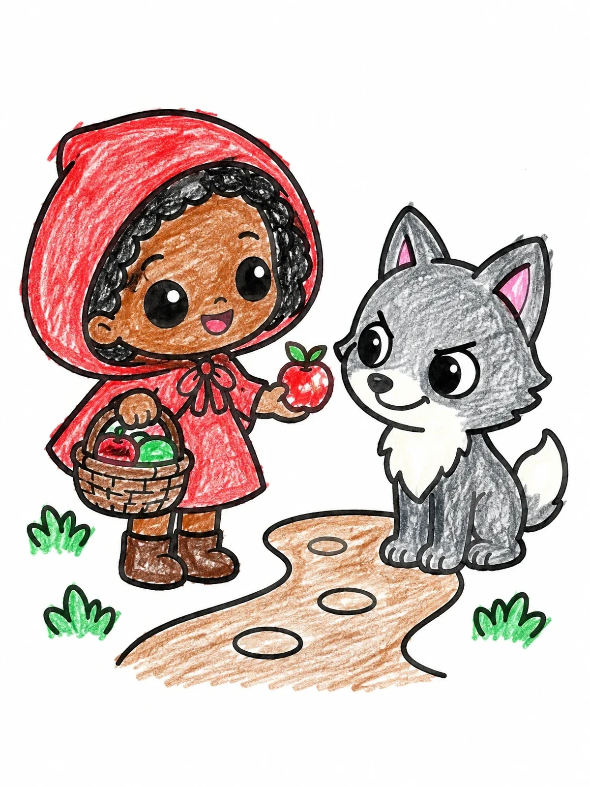 Colored example of the Little Red Riding Hood And Cute Wolf coloring page