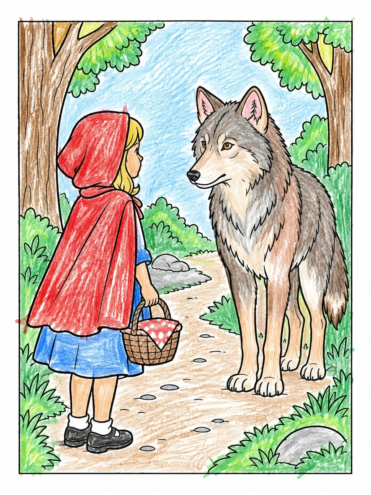 Colored example of the Little Red Riding Hood Meets The Wolf coloring page