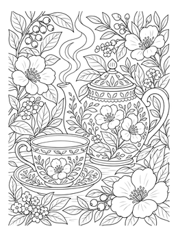 Cozy tea set in this little red riding hood coloring page surrounded by blooming flowers and leaves.