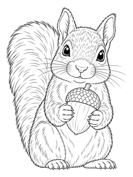 A little red riding hood coloring page featuring a fluffy squirrel holding an acorn.