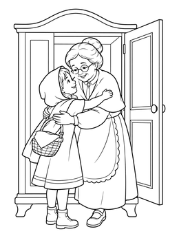 A joyful little red riding hood coloring page showing a girl embracing her grandmother by an open wardrobe.