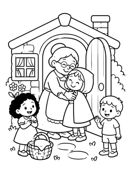 A grandmother hugs her grandchild in this cute little red riding hood coloring page.