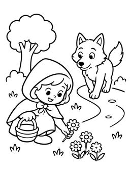 A sweet little red riding hood coloring page with a cute wolf watching nearby.
