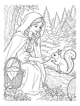 A detailed little red riding hood coloring page showing a young girl offering bread to a squirrel in the woods.
