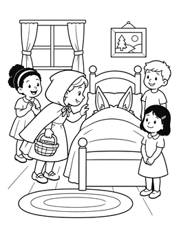 Free printable Red Riding Hood And Children By The Bed coloring page