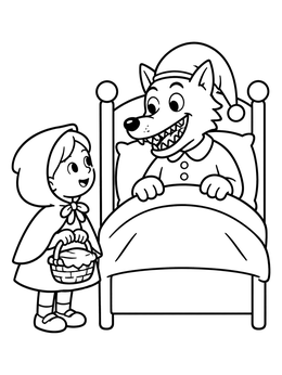 A sweet little red riding hood coloring page showing the girl visiting the wolf tucked in bed.