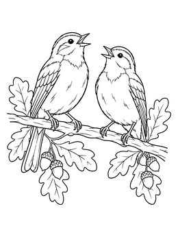 Pair of singing birds on an oak branch in this little red riding hood coloring page.