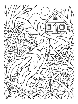 A cunning wolf moves past brambles toward a cottage in this little red riding hood coloring page.