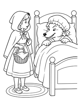 A classic little red riding hood coloring page featuring the girl standing near the wolf disguised in bed.