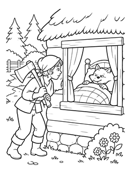 A brave woodcutter outside the window on this little red riding hood coloring page.