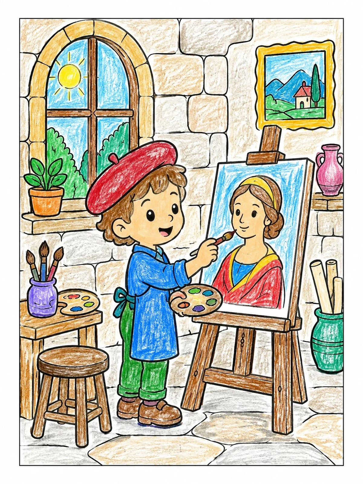 Colored example of the Little Renaissance Painter At The Easel coloring page