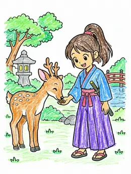 Little Samurai Feeding Friendly Park Deer Coloring Page