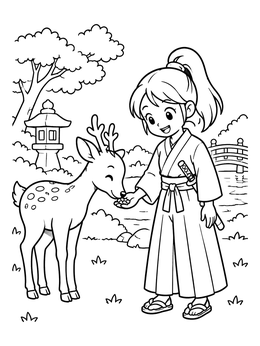 Free printable Little Samurai Feeding Friendly Park Deer coloring page
