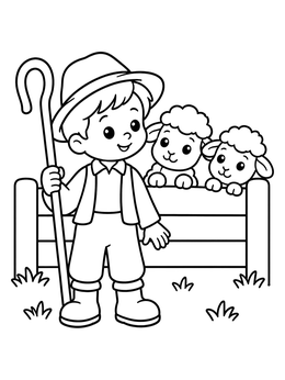 A friendly little boy coloring page featuring a shepherd with his crook and two sheep.