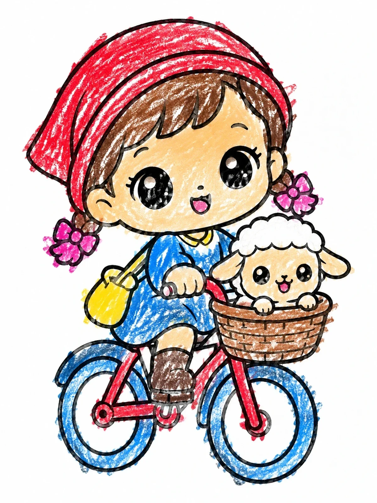 Colored example of the Little Shepherdess Riding A Bicycle coloring page