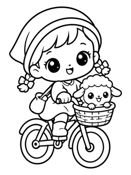A cute shepherd coloring page showing a girl riding a bicycle with a tiny lamb in the basket.