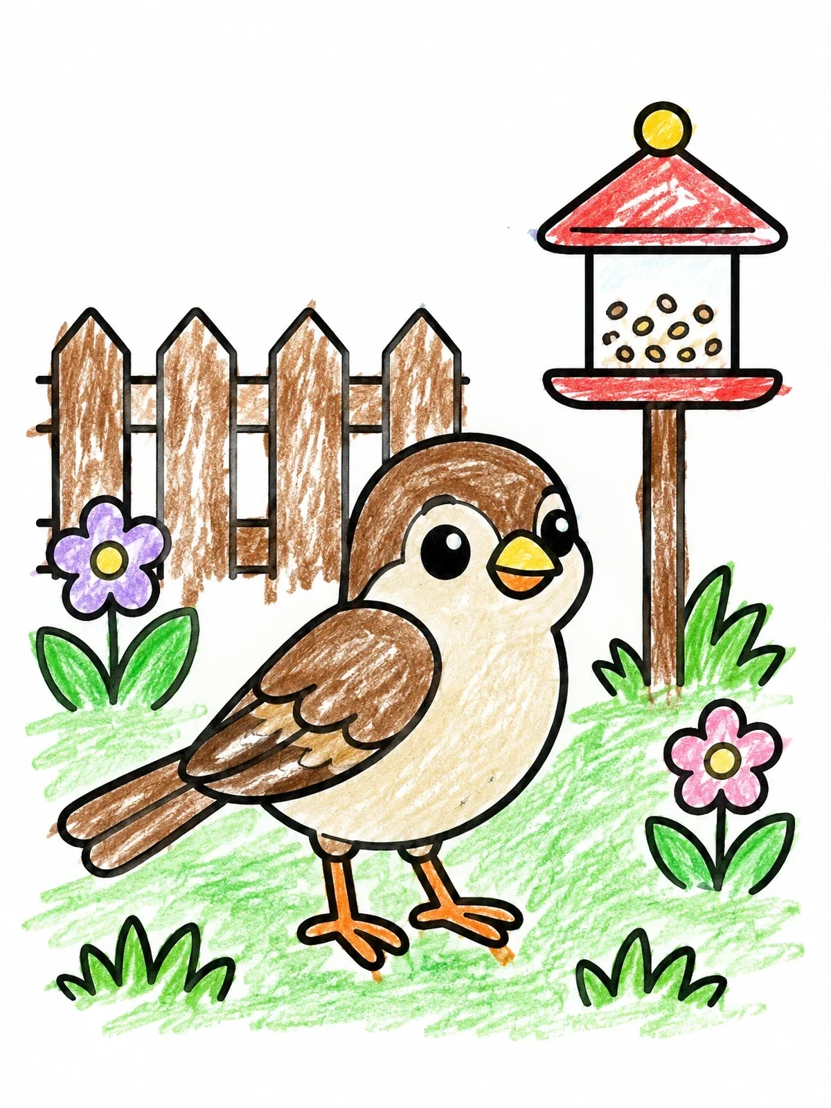Colored example of the Little Sparrow In The Garden coloring page