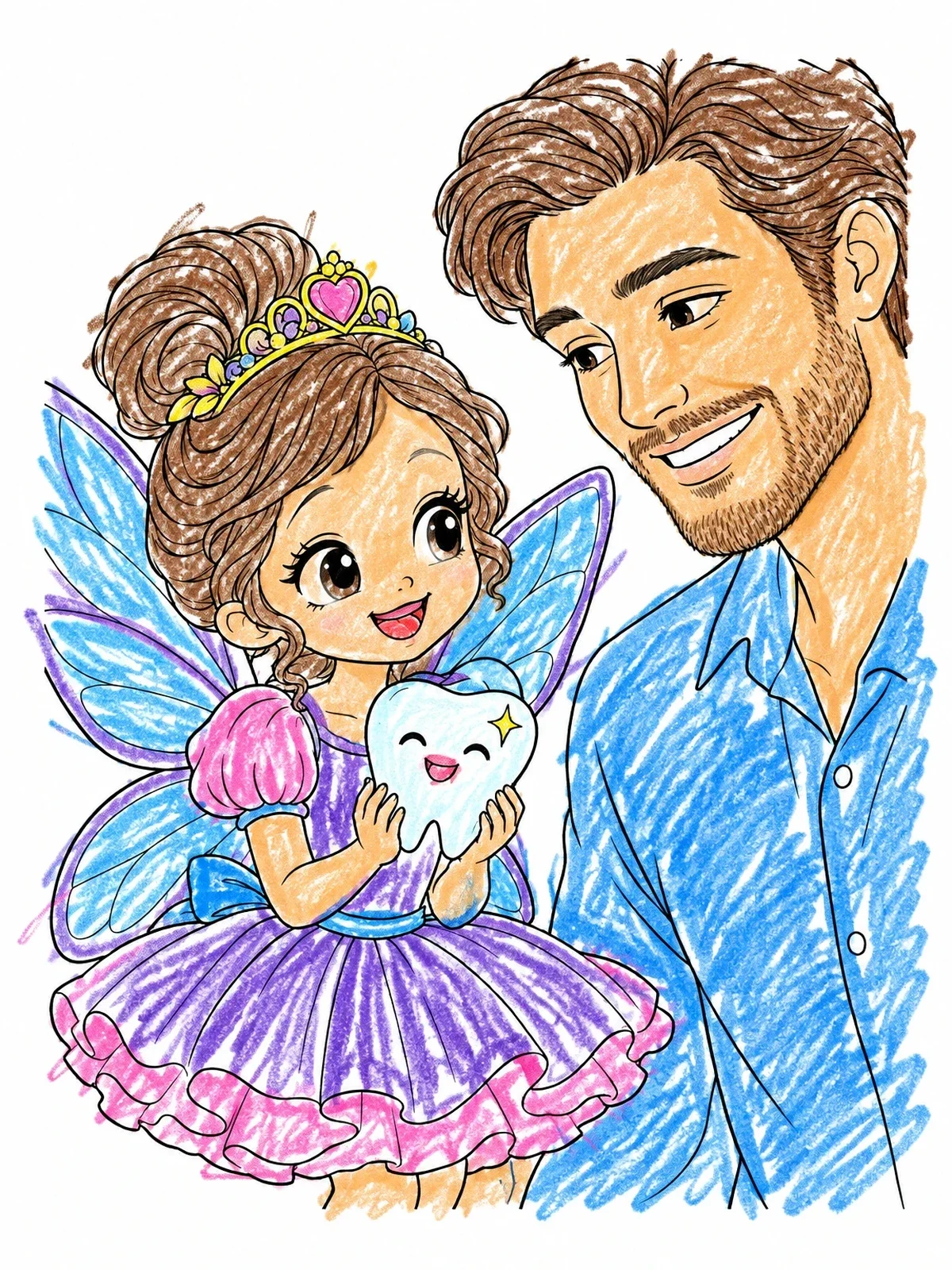Colored example of the Little Tooth Fairy And Smiling Dad coloring page