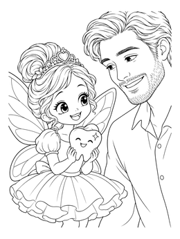 A cheerful little tooth fairy coloring page showing a fairy girl holding a shiny tooth beside a smiling man.