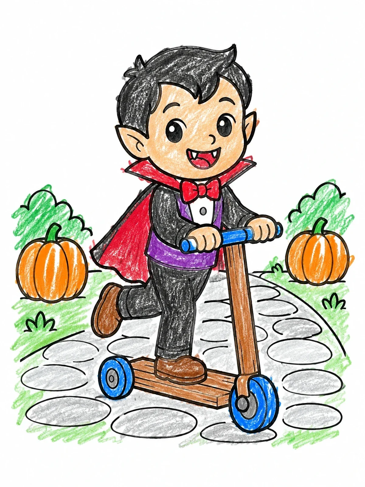 Colored example of the Little Vampire On A Scooter coloring page