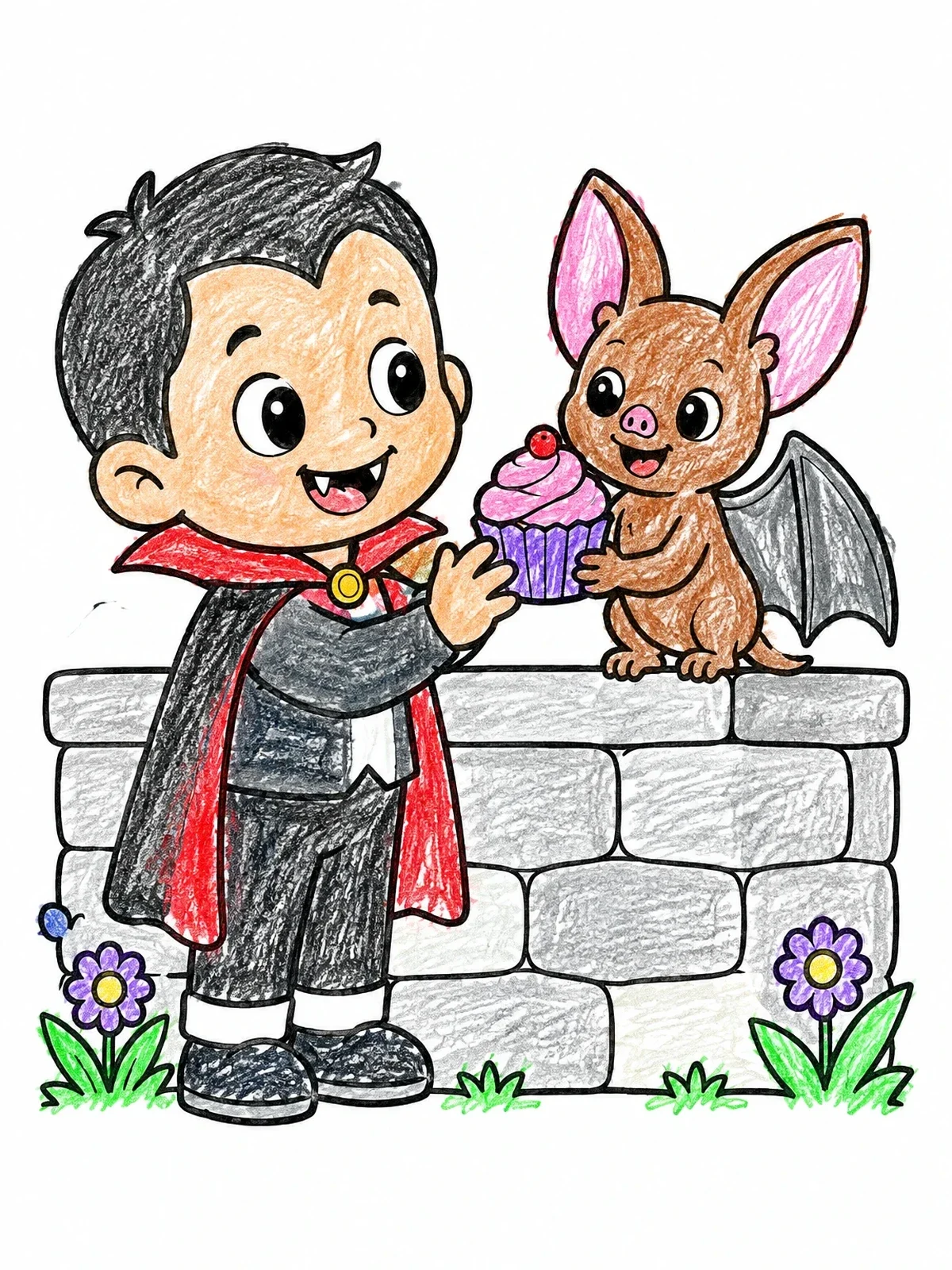 Colored example of the Little Vampire Sharing A Cupcake coloring page