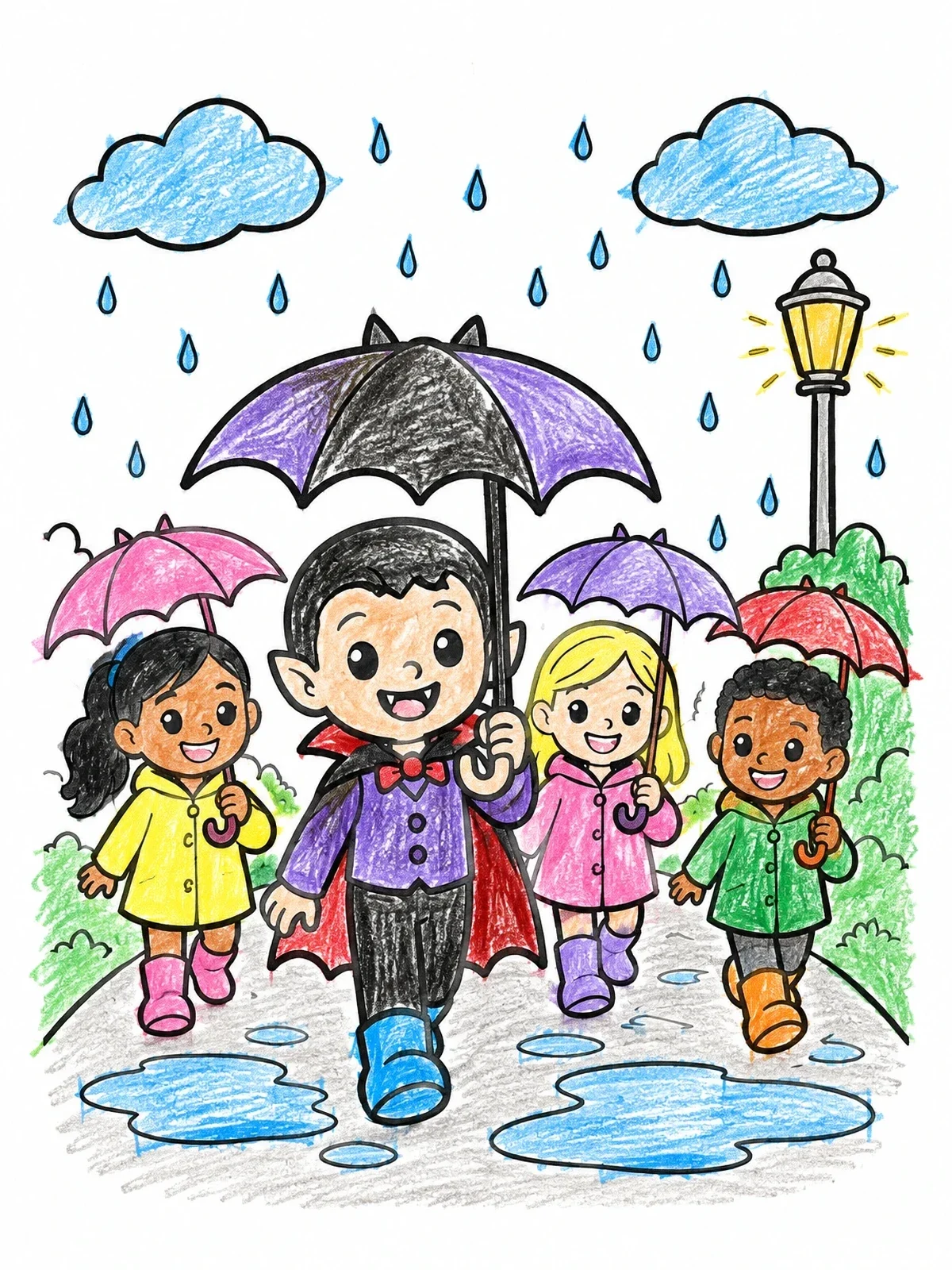 Colored example of the Little Vampire Walking In The Rain coloring page