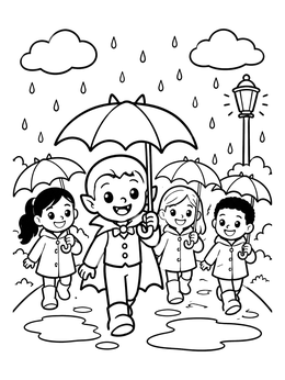 A happy little vampire coloring page with friends walking in the rain with umbrellas.