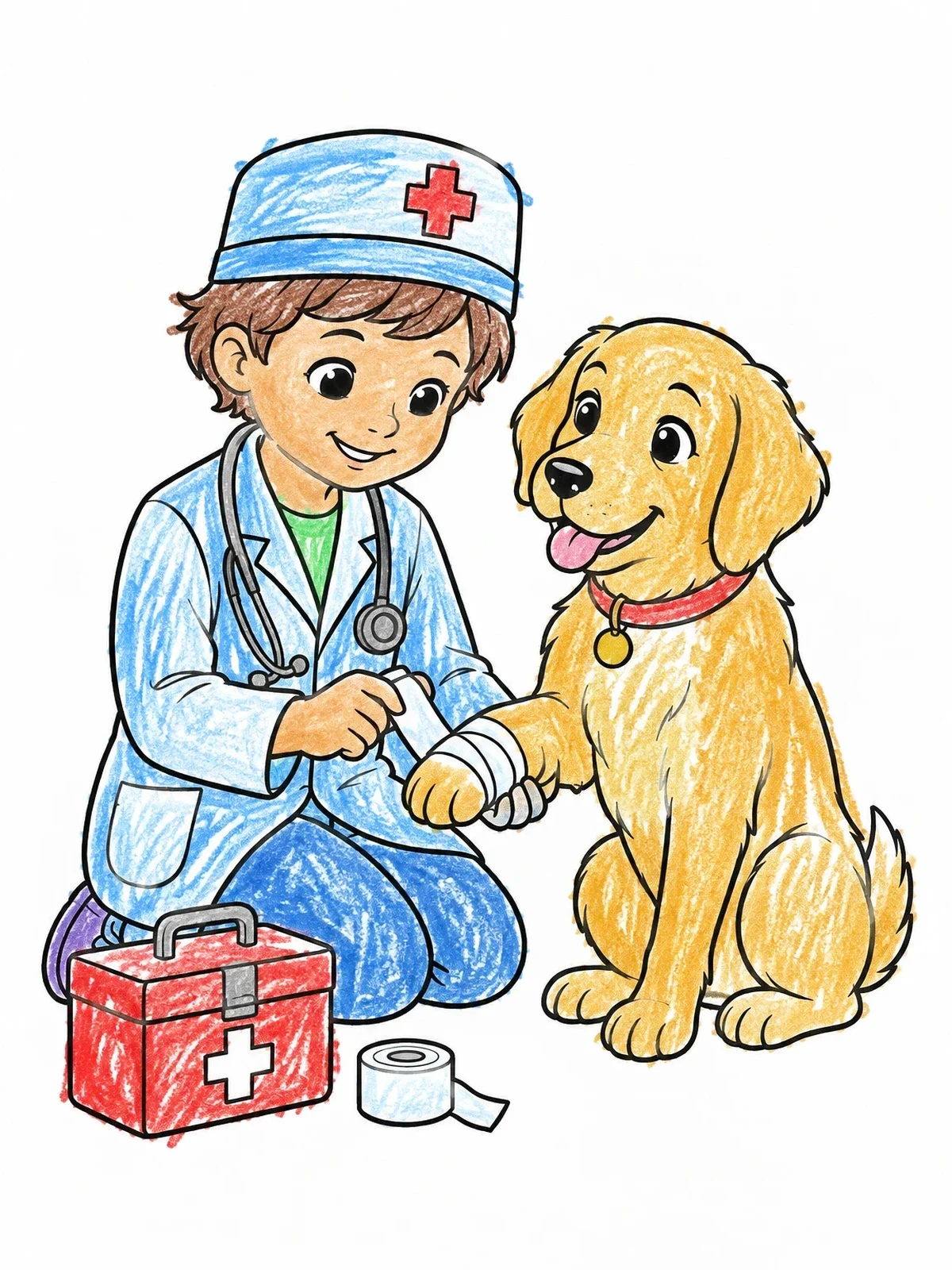 Colored example of the Little Veterinarian Bandaging A Puppy Paw coloring page